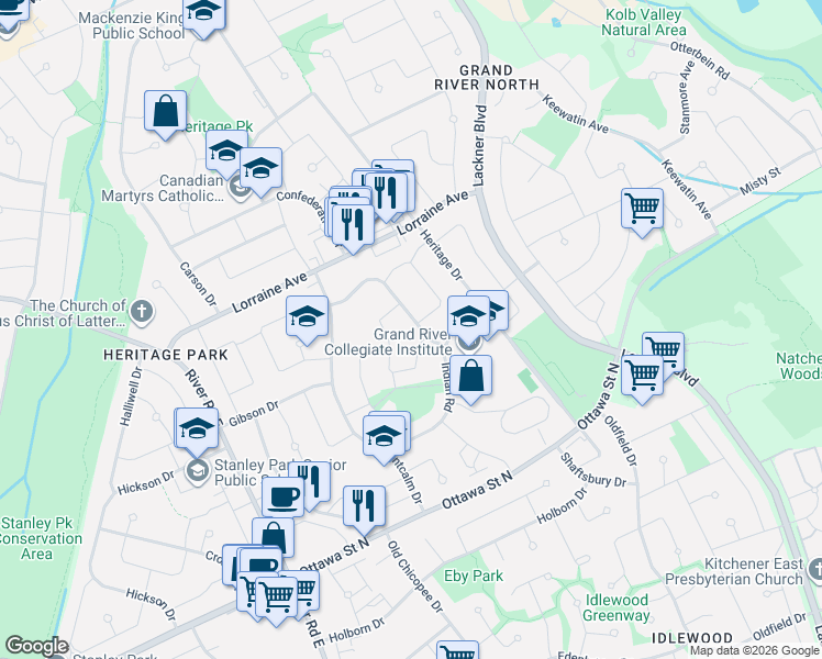 map of restaurants, bars, coffee shops, grocery stores, and more near 107 Queenston Drive in Kitchener