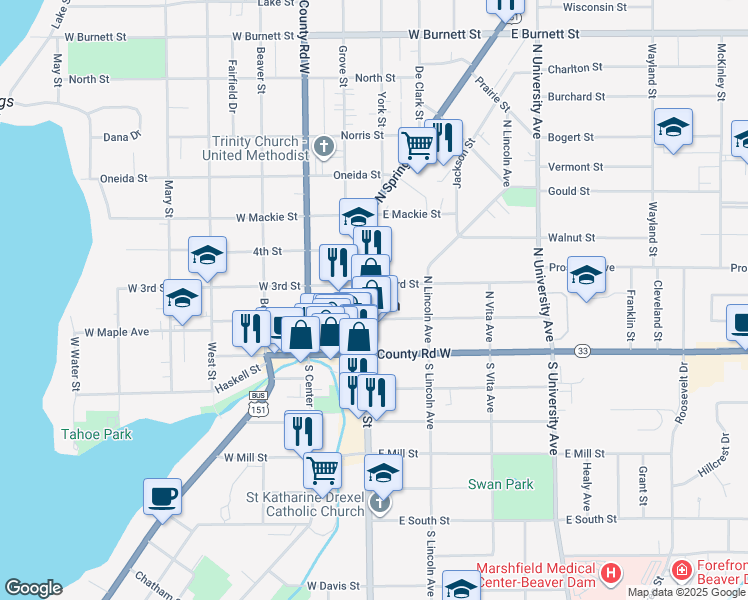 map of restaurants, bars, coffee shops, grocery stores, and more near 110 East Maple Avenue in Beaver Dam