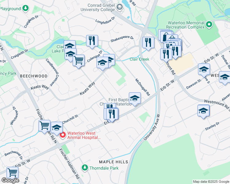 map of restaurants, bars, coffee shops, grocery stores, and more near 55 Karen Walk in Waterloo