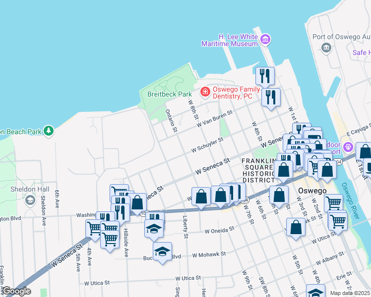 map of restaurants, bars, coffee shops, grocery stores, and more near 51 Ontario St in Oswego