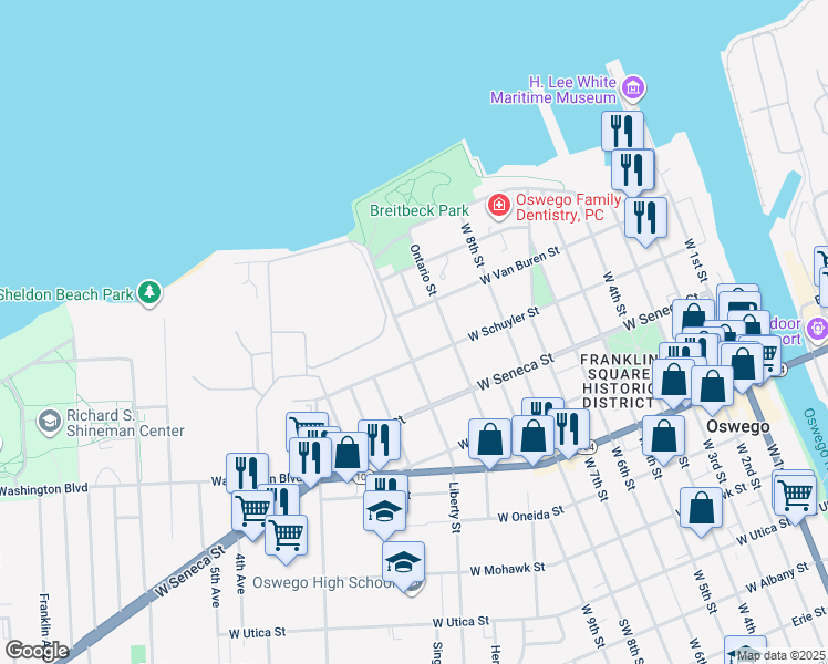 map of restaurants, bars, coffee shops, grocery stores, and more near 37-39 Liberty Street in Oswego