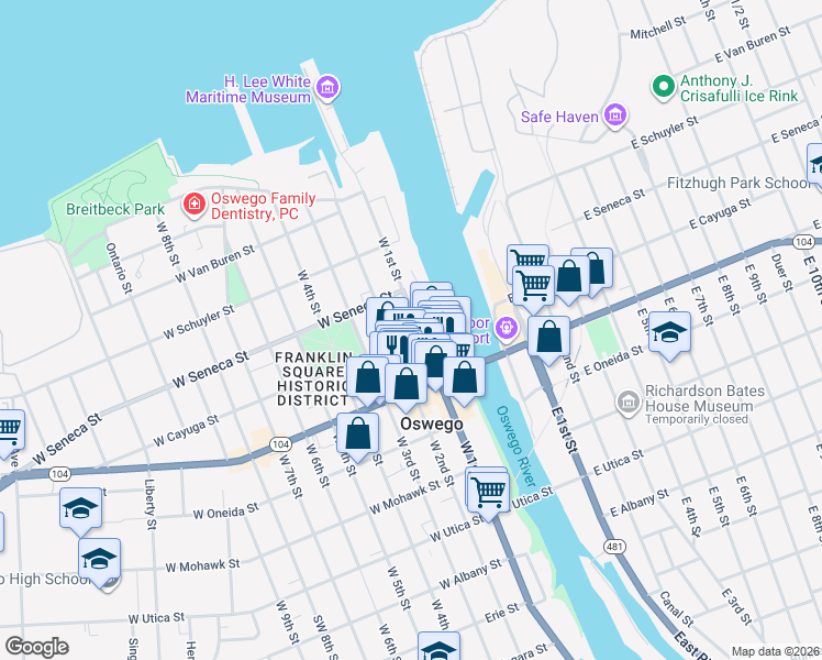 map of restaurants, bars, coffee shops, grocery stores, and more near 17 West Cayuga Street in Oswego