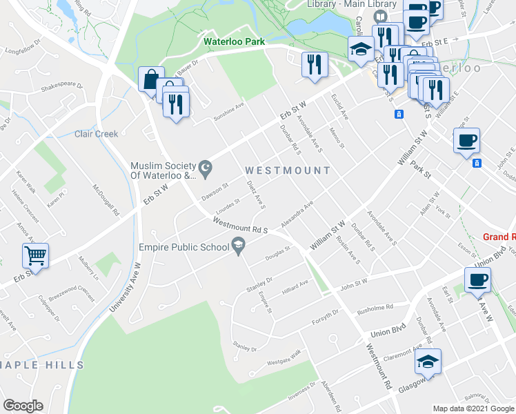 map of restaurants, bars, coffee shops, grocery stores, and more near 55 Dietz Avenue South in Waterloo