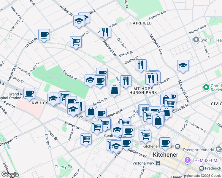 map of restaurants, bars, coffee shops, grocery stores, and more near 112 Waterloo Street in Kitchener