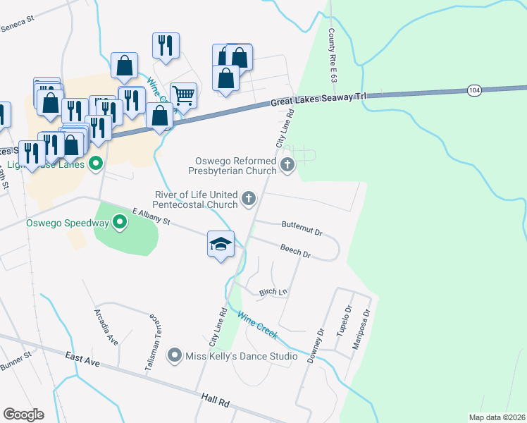 map of restaurants, bars, coffee shops, grocery stores, and more near 130 City Line Road in Oswego