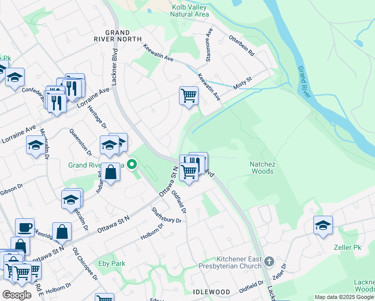 map of restaurants, bars, coffee shops, grocery stores, and more near 1505 Ottawa Street North in Kitchener