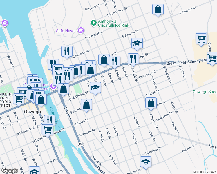 map of restaurants, bars, coffee shops, grocery stores, and more near 103 East 7th Street in Oswego