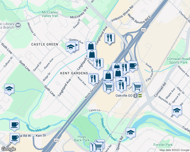 map of restaurants, bars, coffee shops, grocery stores, and more near 1031 Churchill Avenue in Oakville