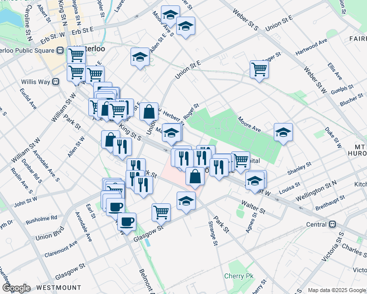 map of restaurants, bars, coffee shops, grocery stores, and more near 23 Dodds Lane in Kitchener