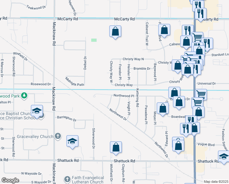 map of restaurants, bars, coffee shops, grocery stores, and more near 3552 Northwood Place in Saginaw