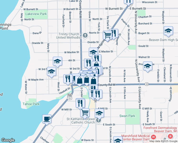 map of restaurants, bars, coffee shops, grocery stores, and more near in Beaver Dam