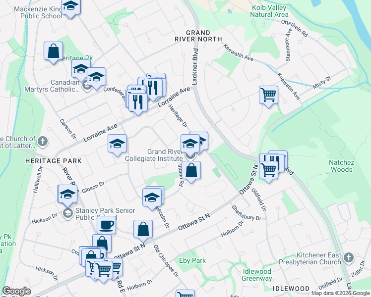map of restaurants, bars, coffee shops, grocery stores, and more near 188 Indian Rd in Kitchener