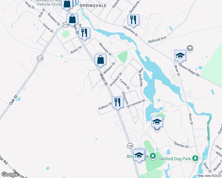 map of restaurants, bars, coffee shops, grocery stores, and more near 594 Main Street in Sanford