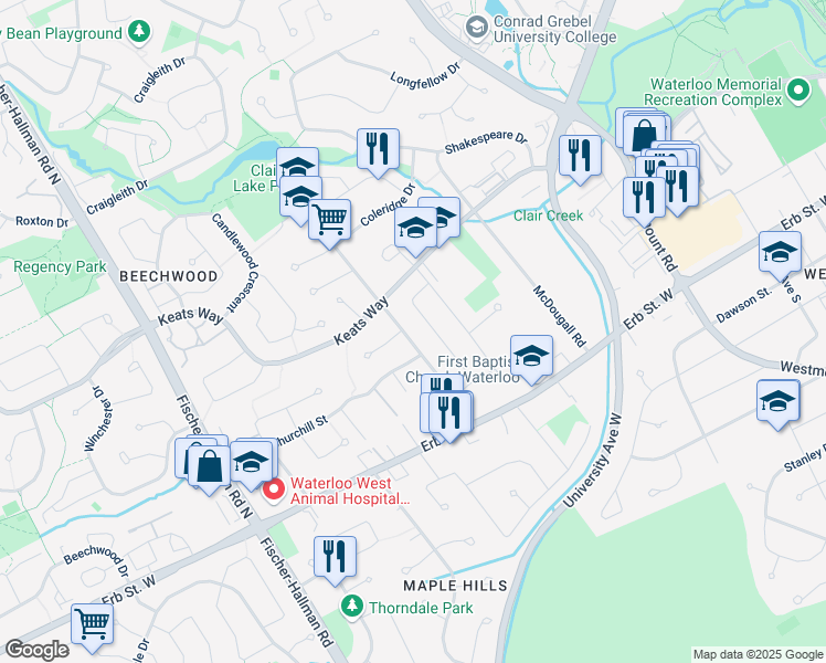 map of restaurants, bars, coffee shops, grocery stores, and more near 54 Amos Avenue in Waterloo