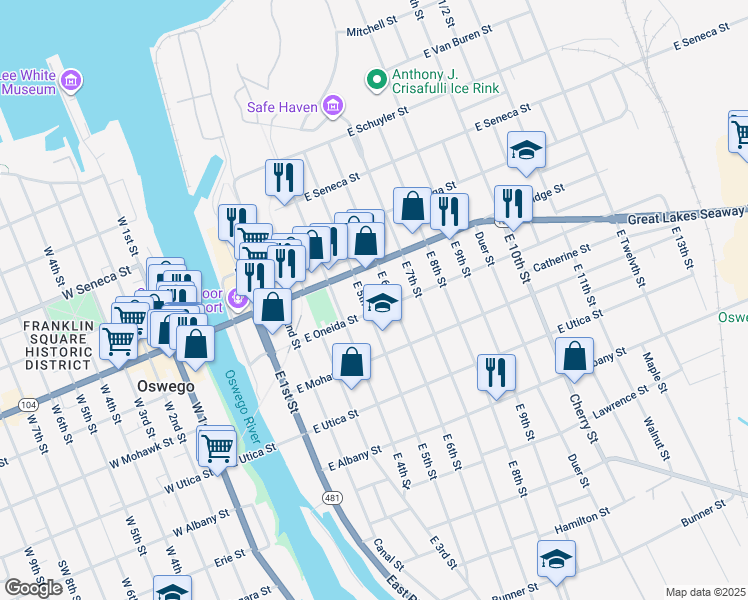map of restaurants, bars, coffee shops, grocery stores, and more near 89 East 5th Street in Oswego