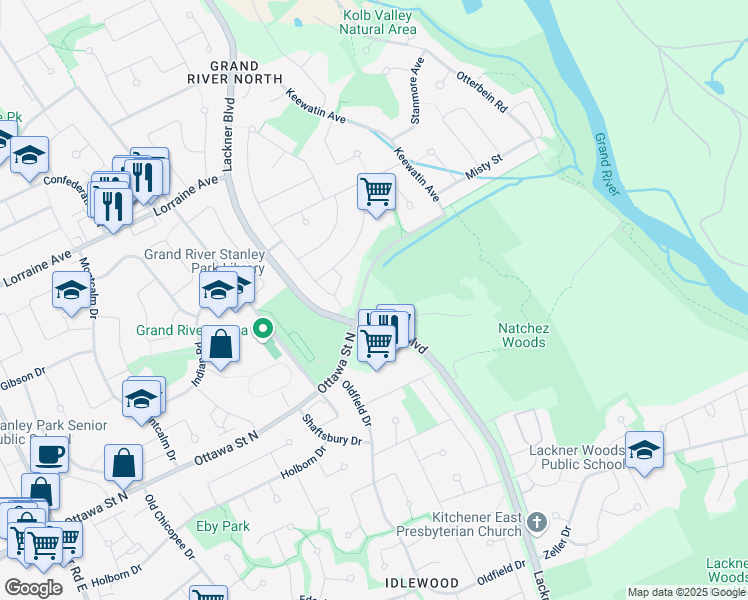 map of restaurants, bars, coffee shops, grocery stores, and more near 1505 Ottawa Street North in Kitchener