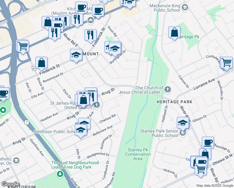 map of restaurants, bars, coffee shops, grocery stores, and more near 60 Perkell Place in Kitchener