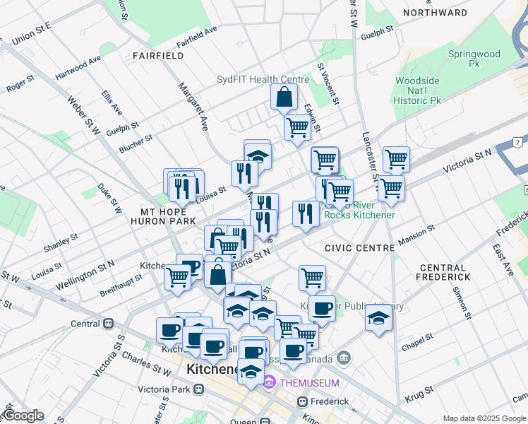 map of restaurants, bars, coffee shops, grocery stores, and more near in Kitchener