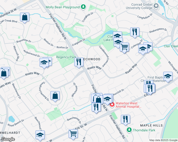 map of restaurants, bars, coffee shops, grocery stores, and more near in Waterloo