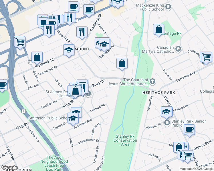 map of restaurants, bars, coffee shops, grocery stores, and more near 60 Perkell Place in Kitchener