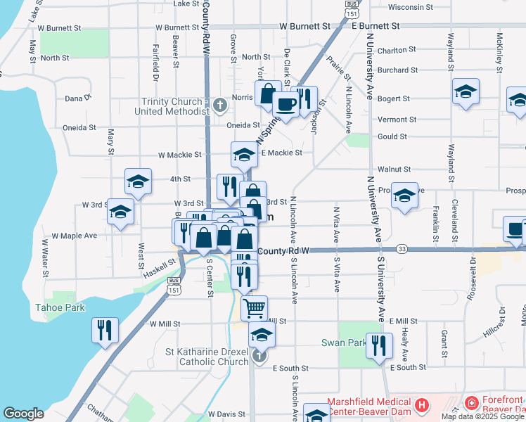 map of restaurants, bars, coffee shops, grocery stores, and more near 110 East Maple Avenue in Beaver Dam