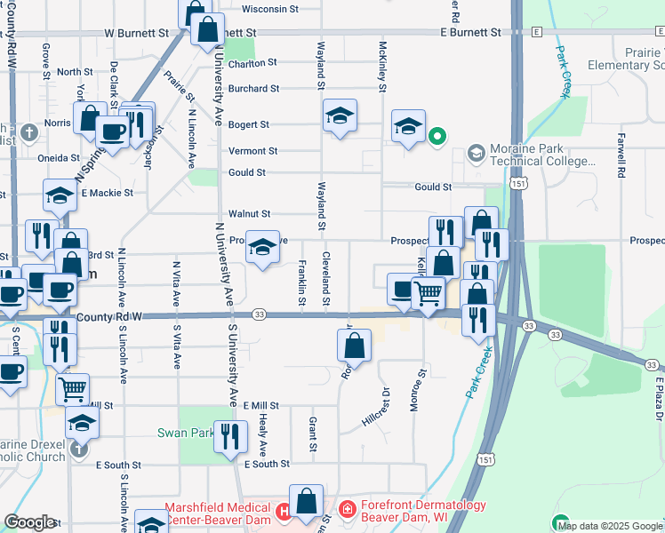 map of restaurants, bars, coffee shops, grocery stores, and more near 125 Cleveland St in Beaver Dam
