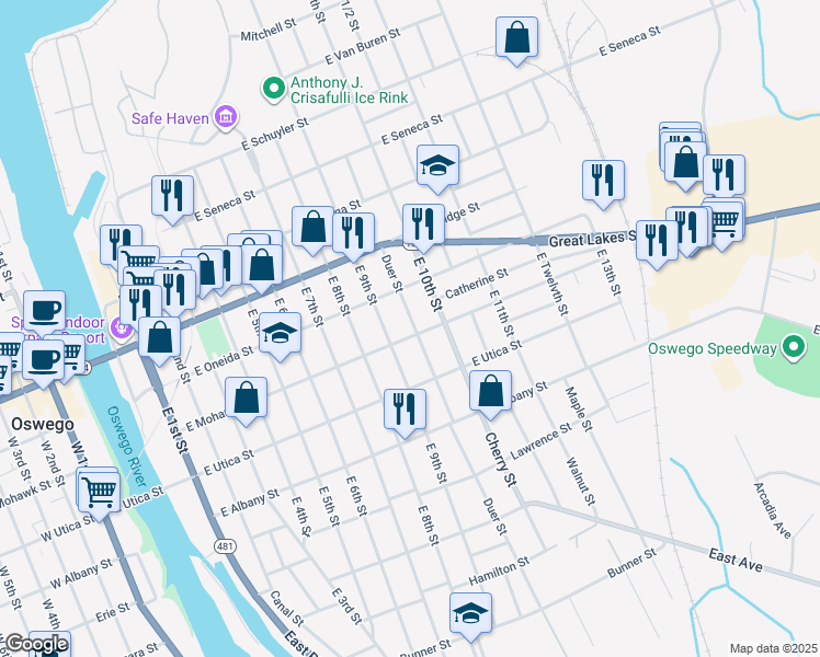 map of restaurants, bars, coffee shops, grocery stores, and more near 113-115 East Mohawk Street in Oswego