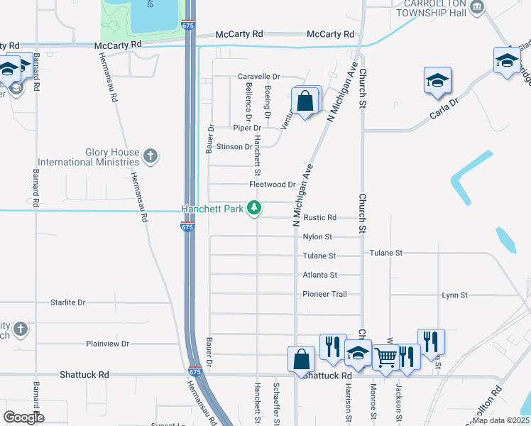 map of restaurants, bars, coffee shops, grocery stores, and more near 738 Rustic Road in Saginaw