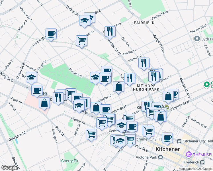 map of restaurants, bars, coffee shops, grocery stores, and more near 20 Dekay Street in Kitchener