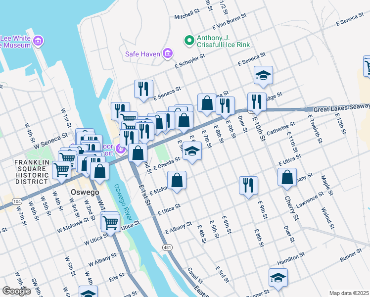map of restaurants, bars, coffee shops, grocery stores, and more near 89 East 5th Street in Oswego