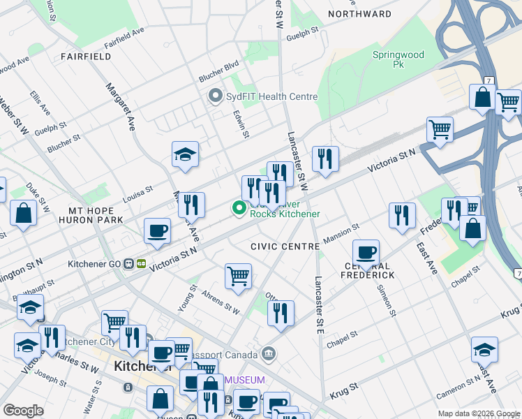 map of restaurants, bars, coffee shops, grocery stores, and more near 280 Victoria Street North in Kitchener