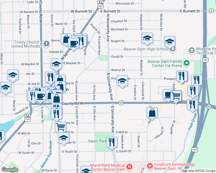map of restaurants, bars, coffee shops, grocery stores, and more near 210 North University Avenue in Beaver Dam