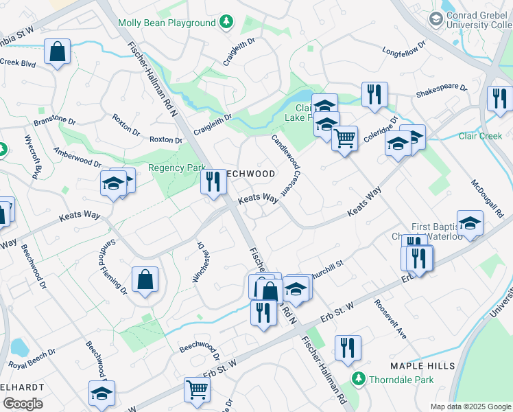 map of restaurants, bars, coffee shops, grocery stores, and more near 425 Keats Way in Waterloo
