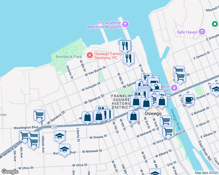 map of restaurants, bars, coffee shops, grocery stores, and more near 53 West 6th Street in Oswego