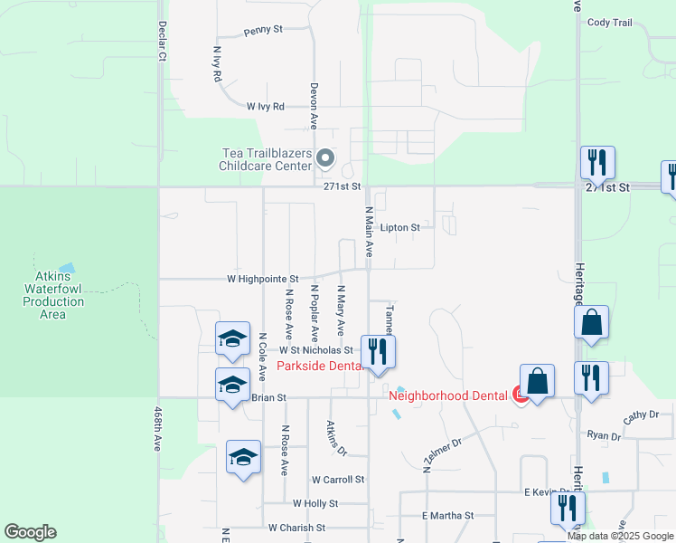 map of restaurants, bars, coffee shops, grocery stores, and more near 46837-46847 271st St in Tea