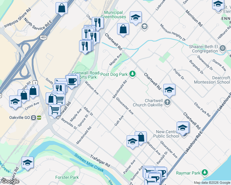 map of restaurants, bars, coffee shops, grocery stores, and more near 445 Macdonald Road in Oakville