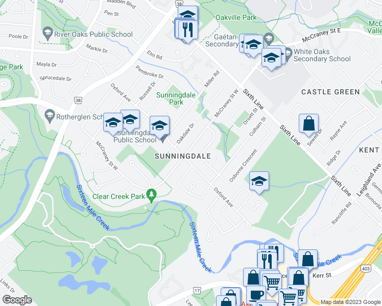 map of restaurants, bars, coffee shops, grocery stores, and more near 148 McCraney Street West in Oakville