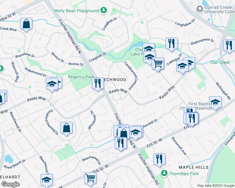map of restaurants, bars, coffee shops, grocery stores, and more near 425 Keats Way in Waterloo
