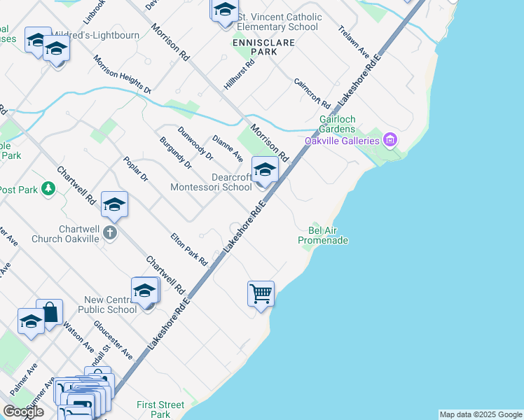 map of restaurants, bars, coffee shops, grocery stores, and more near 1150 Lakeshore Road East in Oakville