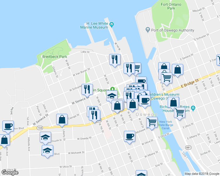 map of restaurants, bars, coffee shops, grocery stores, and more near 48 West Seneca Street in Oswego