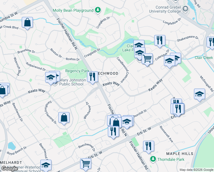 map of restaurants, bars, coffee shops, grocery stores, and more near 425 Keats Way in Waterloo