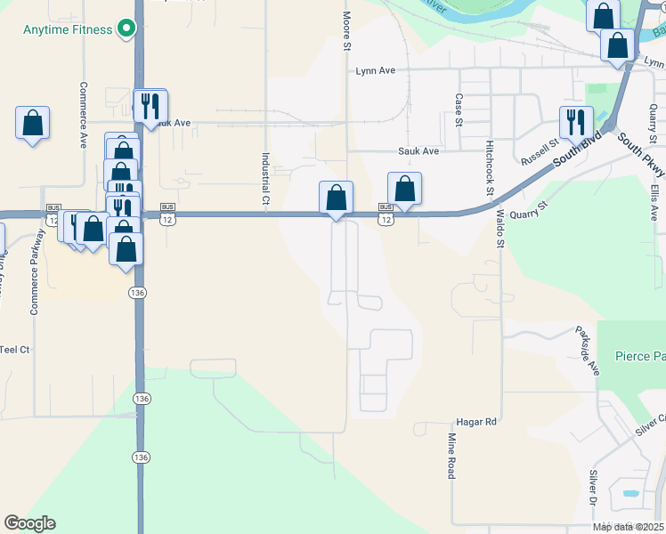 map of restaurants, bars, coffee shops, grocery stores, and more near 902 Moore Street in Baraboo