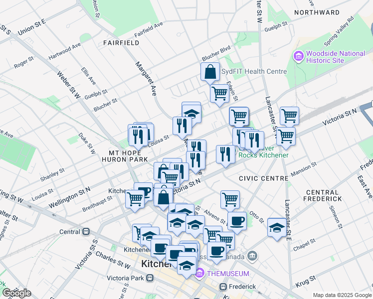 map of restaurants, bars, coffee shops, grocery stores, and more near in Kitchener