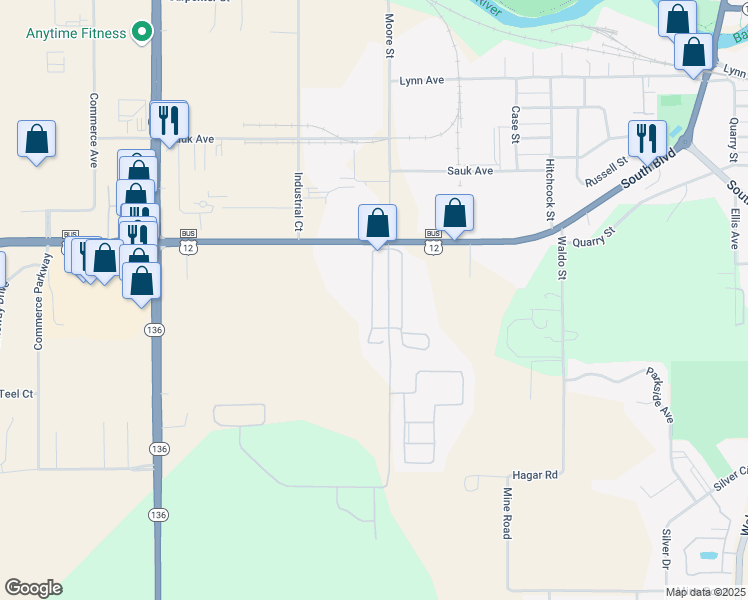 map of restaurants, bars, coffee shops, grocery stores, and more near 902 Moore St in Baraboo