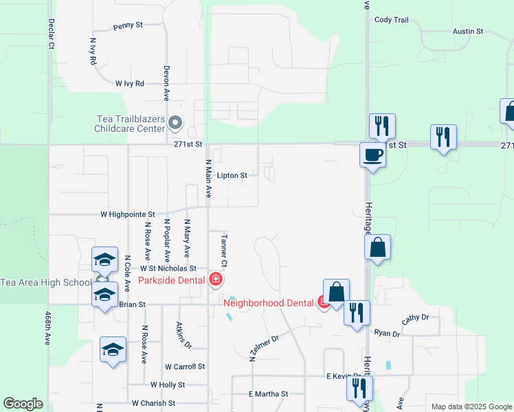 map of restaurants, bars, coffee shops, grocery stores, and more near 1200 North Carla Avenue in Tea