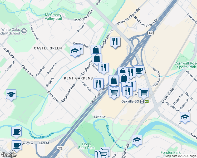 map of restaurants, bars, coffee shops, grocery stores, and more near 1037 Churchill Avenue in Oakville