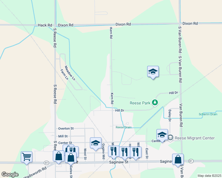 map of restaurants, bars, coffee shops, grocery stores, and more near 1684 Meridian Street in Reese
