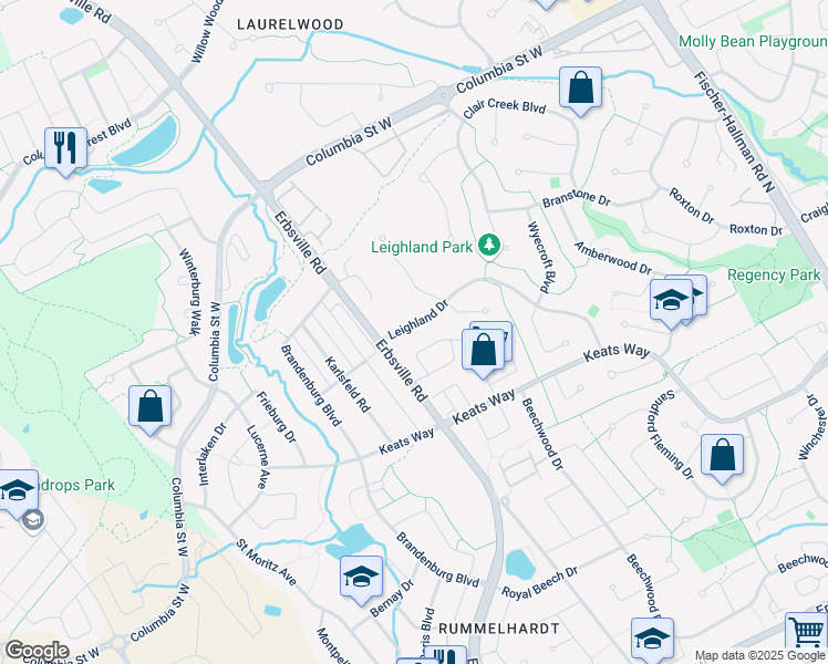 map of restaurants, bars, coffee shops, grocery stores, and more near 595 Leighland Drive in Waterloo