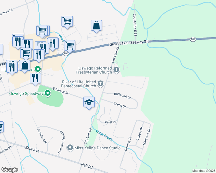 map of restaurants, bars, coffee shops, grocery stores, and more near 130 City Line Road in Oswego