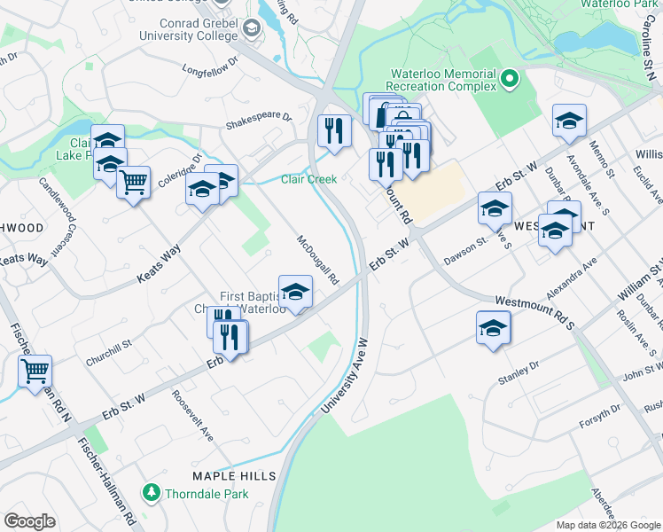 map of restaurants, bars, coffee shops, grocery stores, and more near 12 McDougall Road in Waterloo